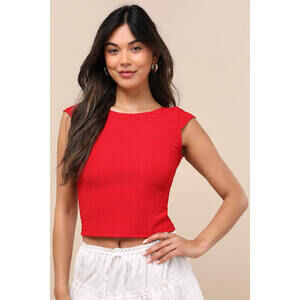 Lulus Bellia Red Textured Knit Cap Sleeve Backless Top - Size M